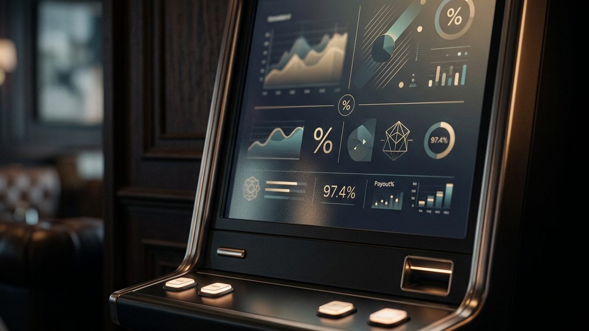 Illustration of a slot machine with RTP percentage figures