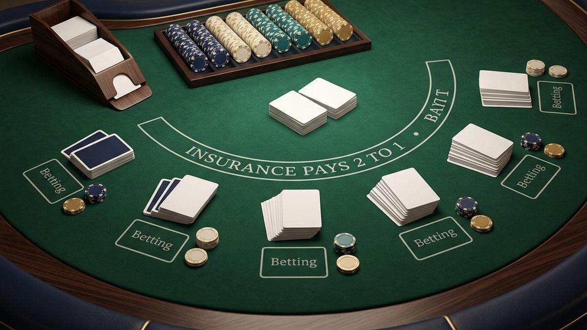 Illustration of a blackjack table with cards and chips